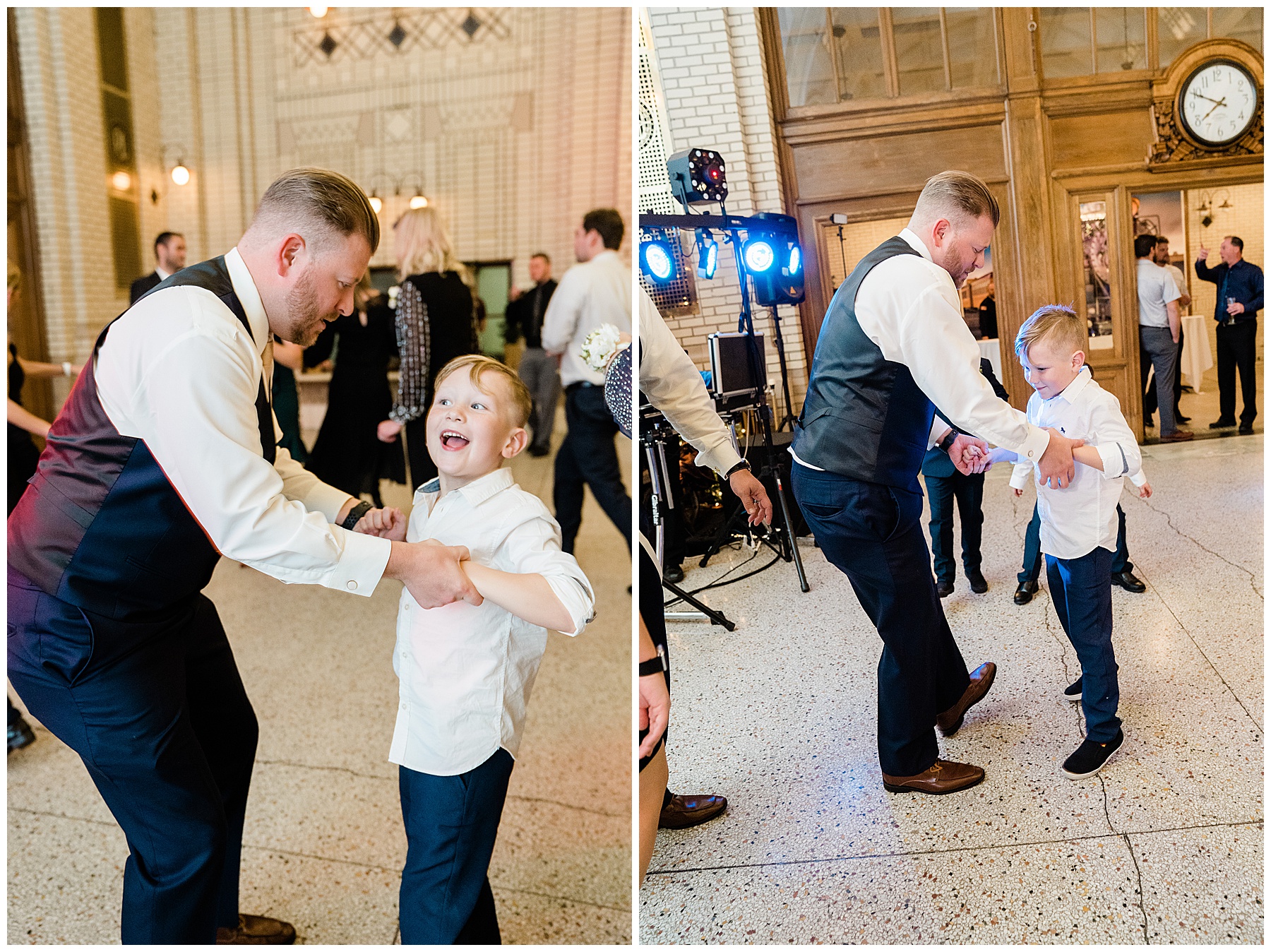 groom dancing with son at wedding reception