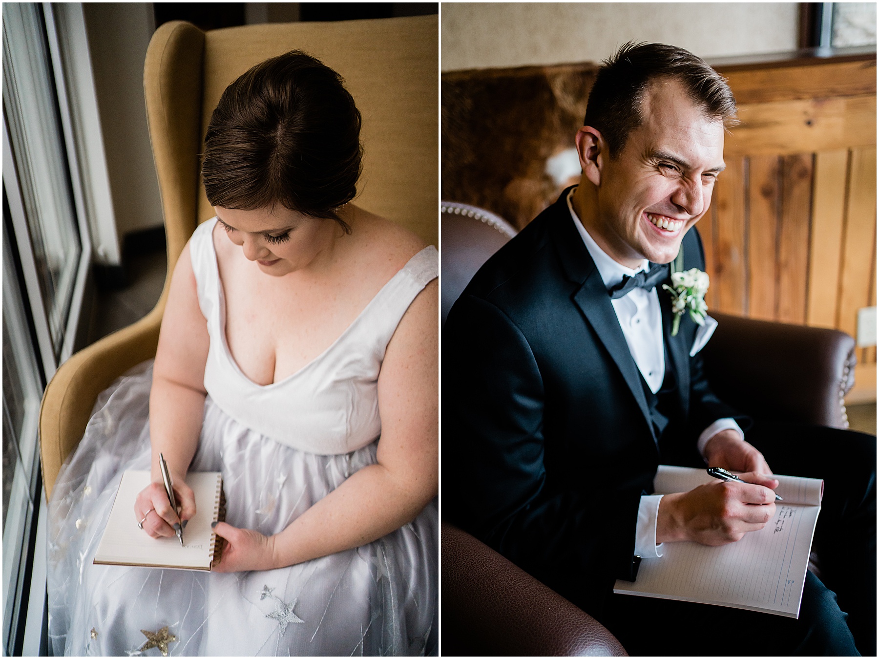 bride and groom writing vows on wedding day
