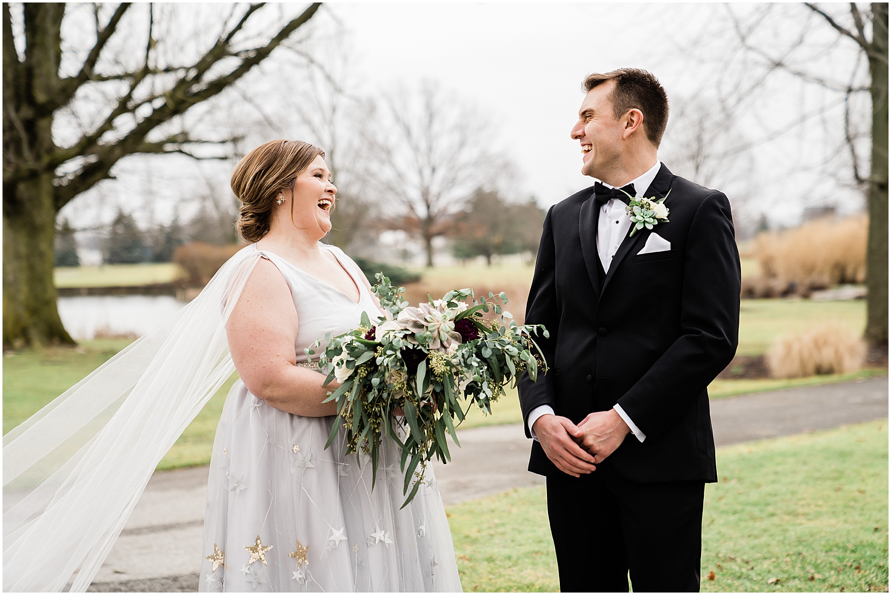 bride and groom seeing one another for first time on wedding day