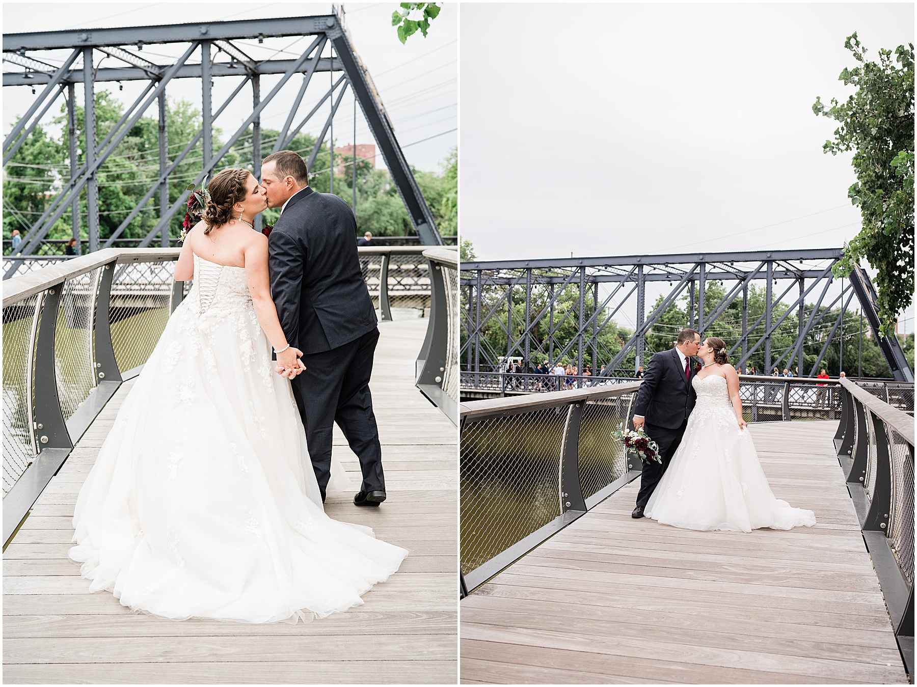 bride and groom with backs facing cameras by wells street bridge