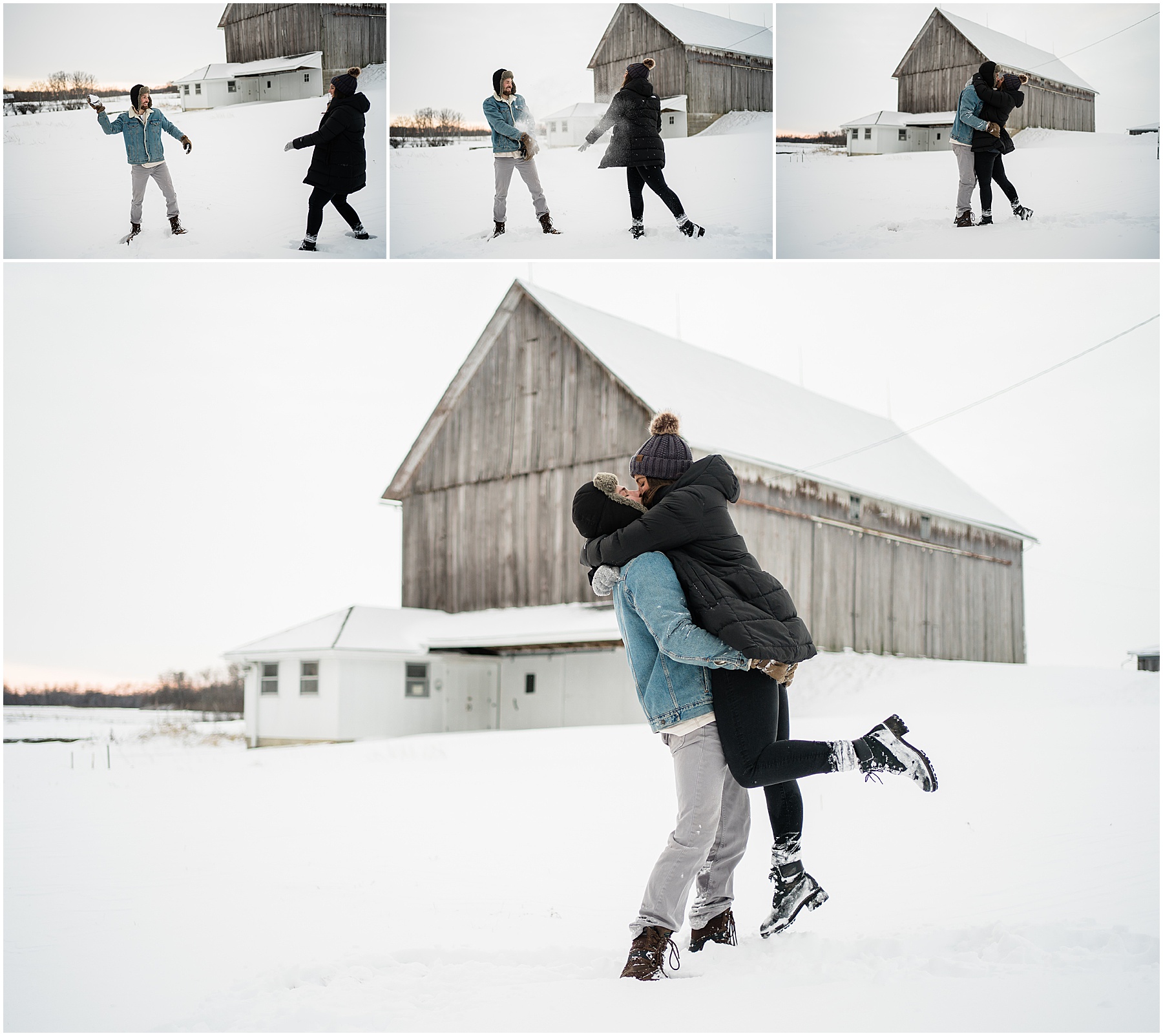 couple ending session with snow ball fight
