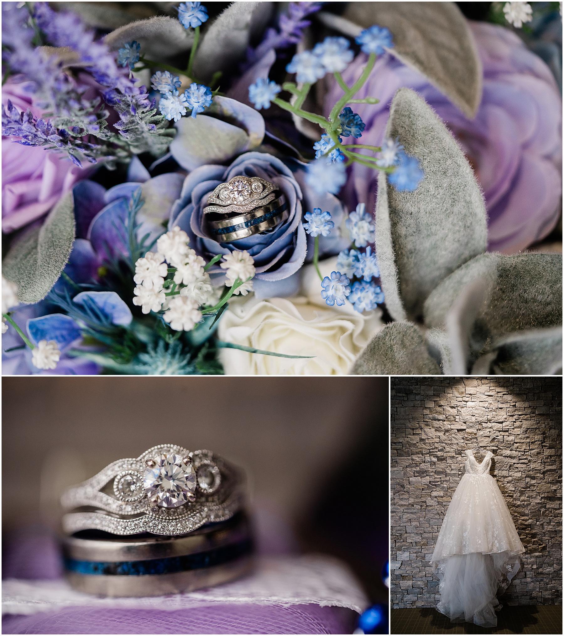 engagement ring with purple and blue floral bouquet details