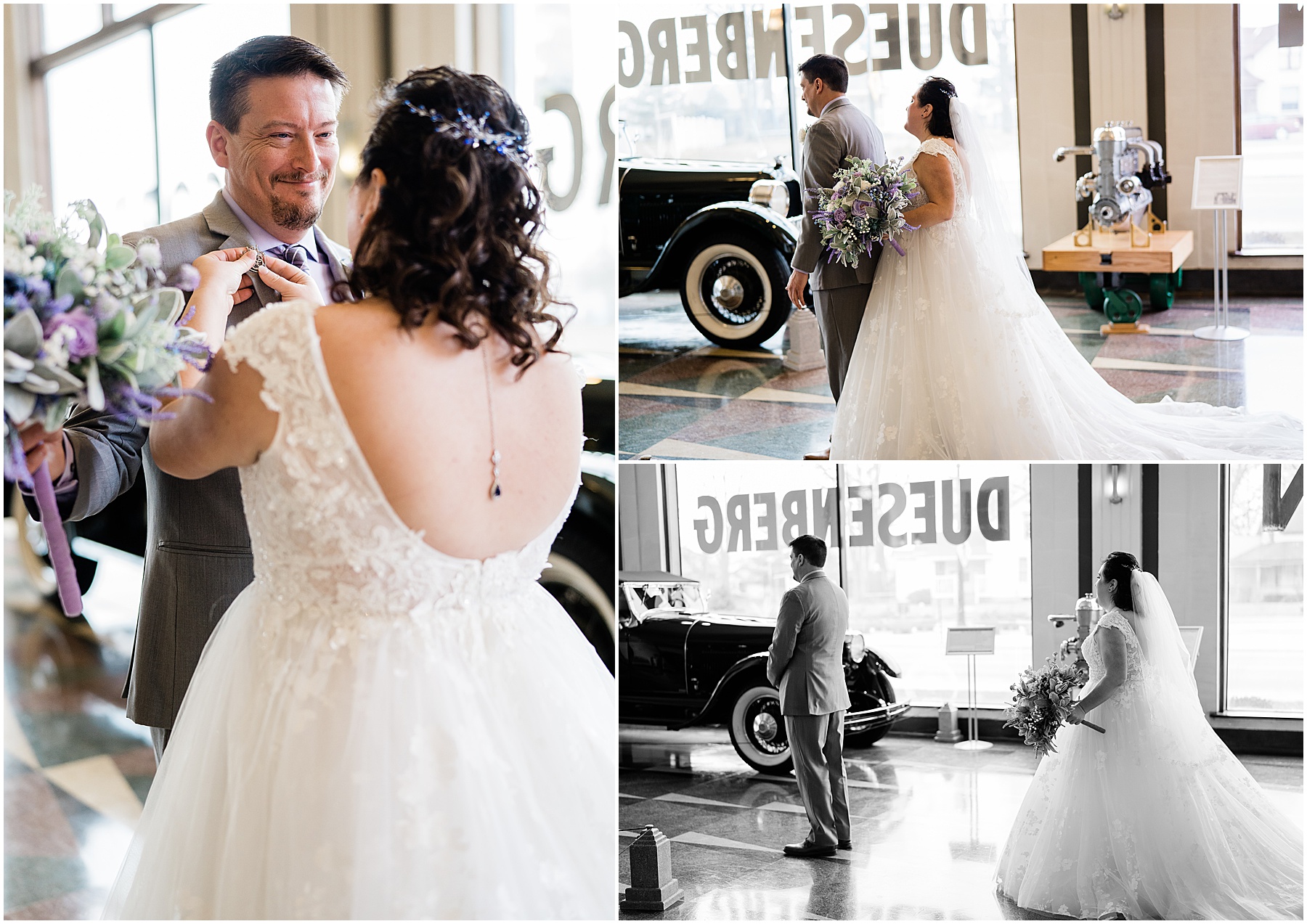 bride walking up to groom during first look at auto mobile museum wedding
