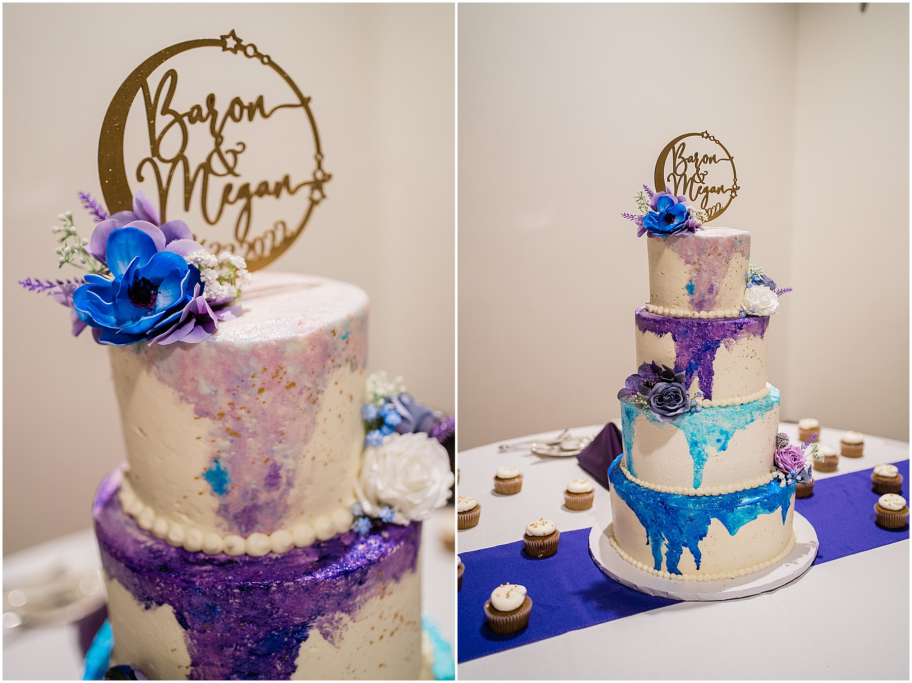 colorful purple tiered wedding cake with gold wedding topper