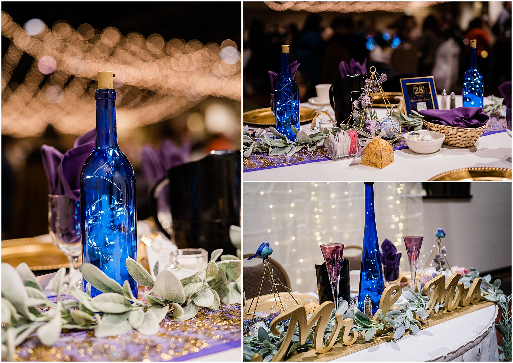 blue and purple wedding center pieces