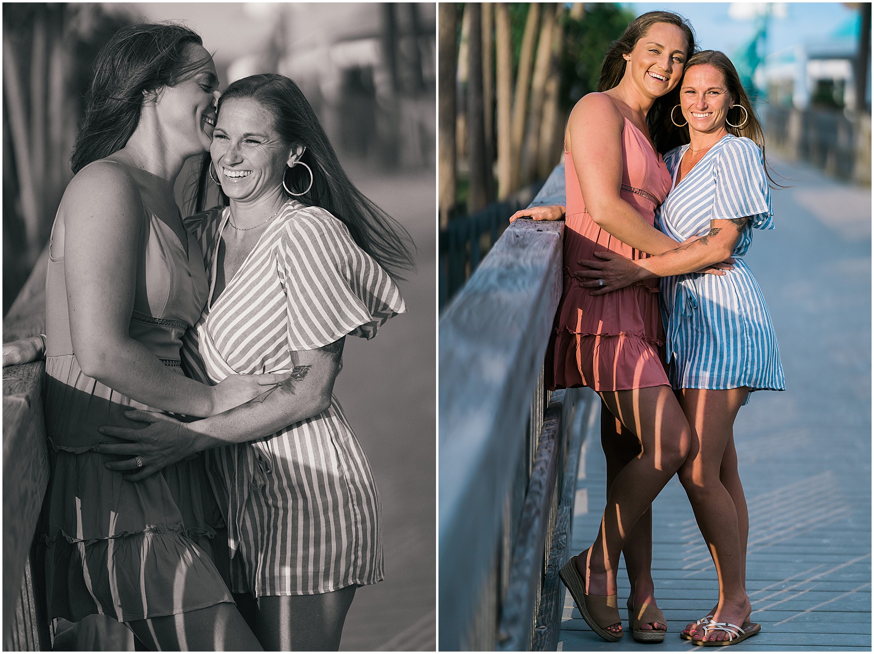 two women during engagement session wearing pink dress and blue romper at beach session