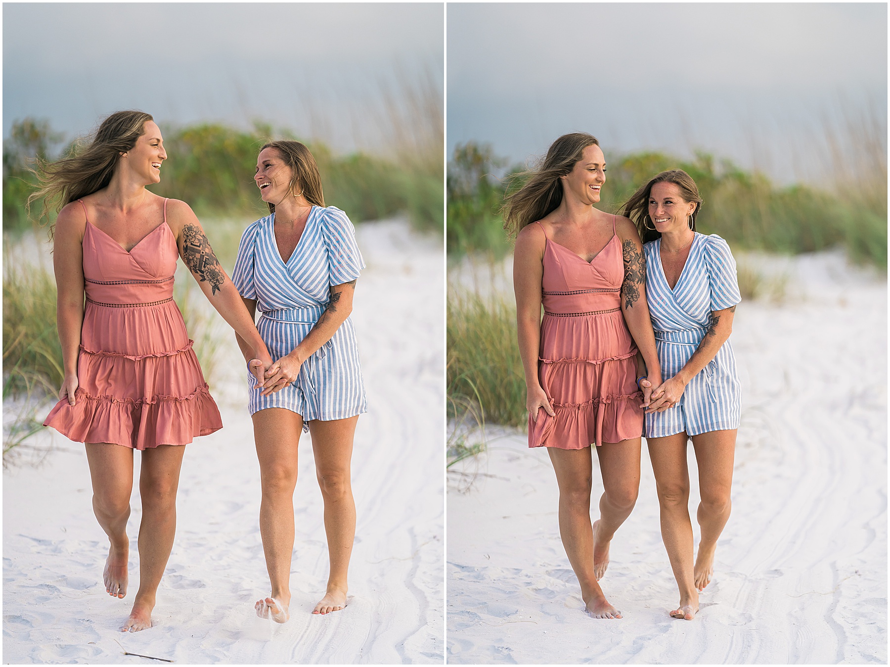 engaged couple walking down beach wearing dresses 
