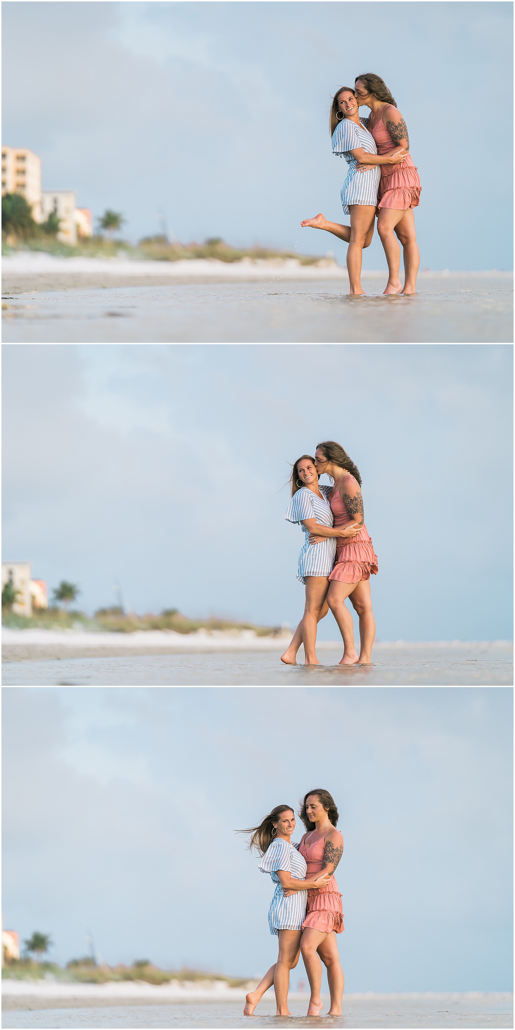 spring outdoor beach engagements with same sex couple wearing dresses
