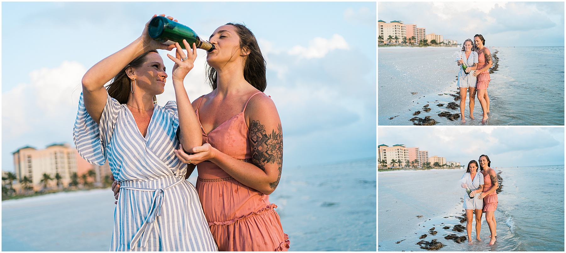couple drinking champagne during beach engagements