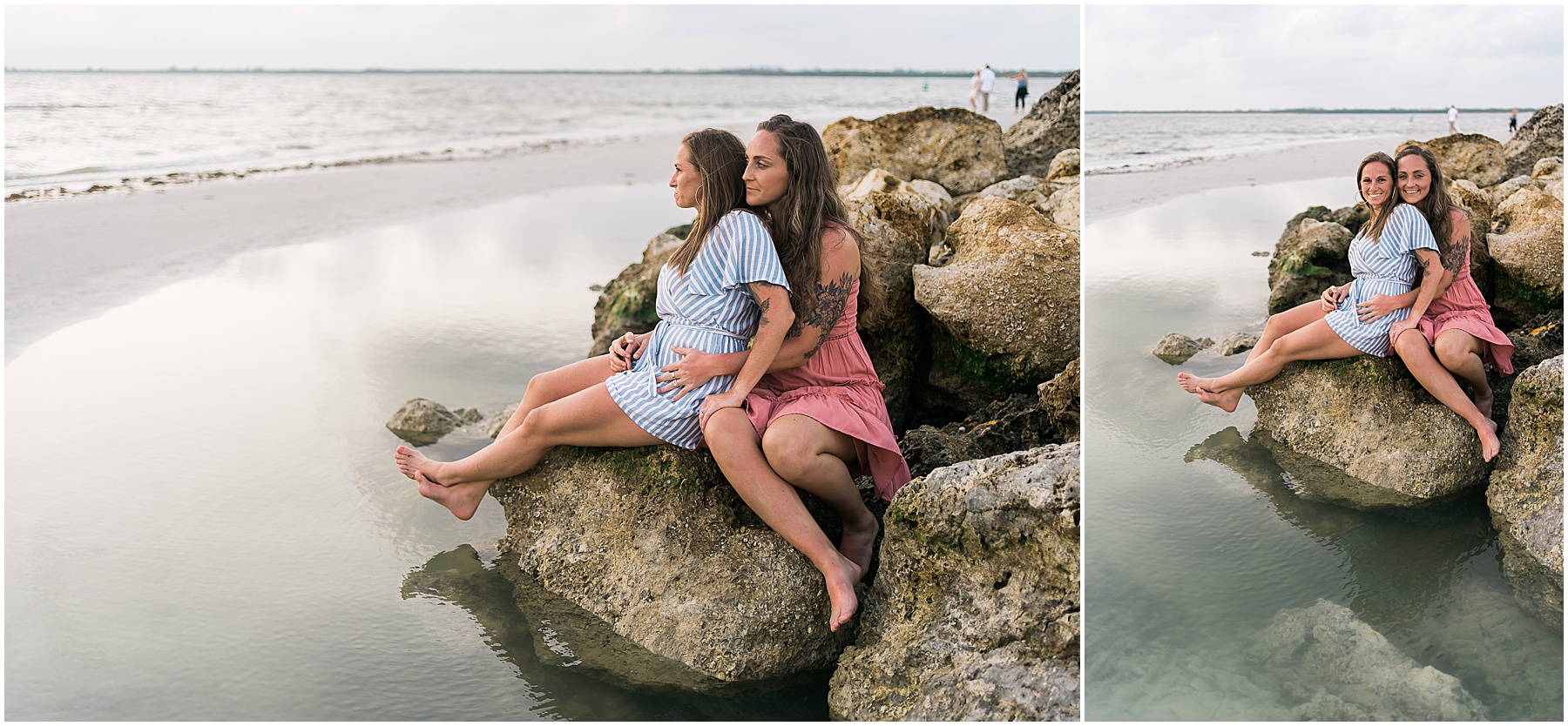 couple sitting on rocks during beachy engagement session