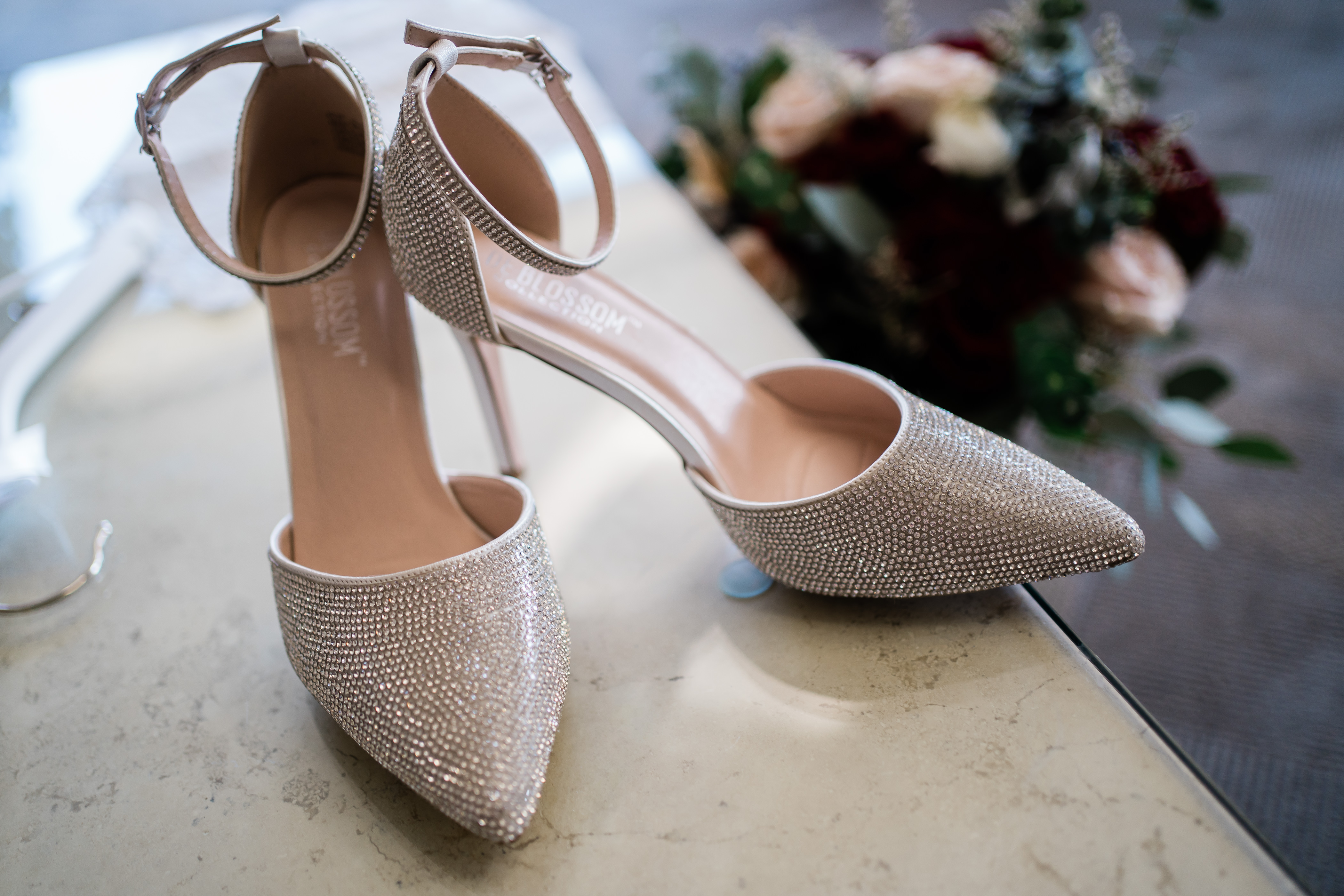 close toes sparkle wedding shoes with a pointed tow for an Indianapolis wedding at The Bluffs at Conner Prairie 