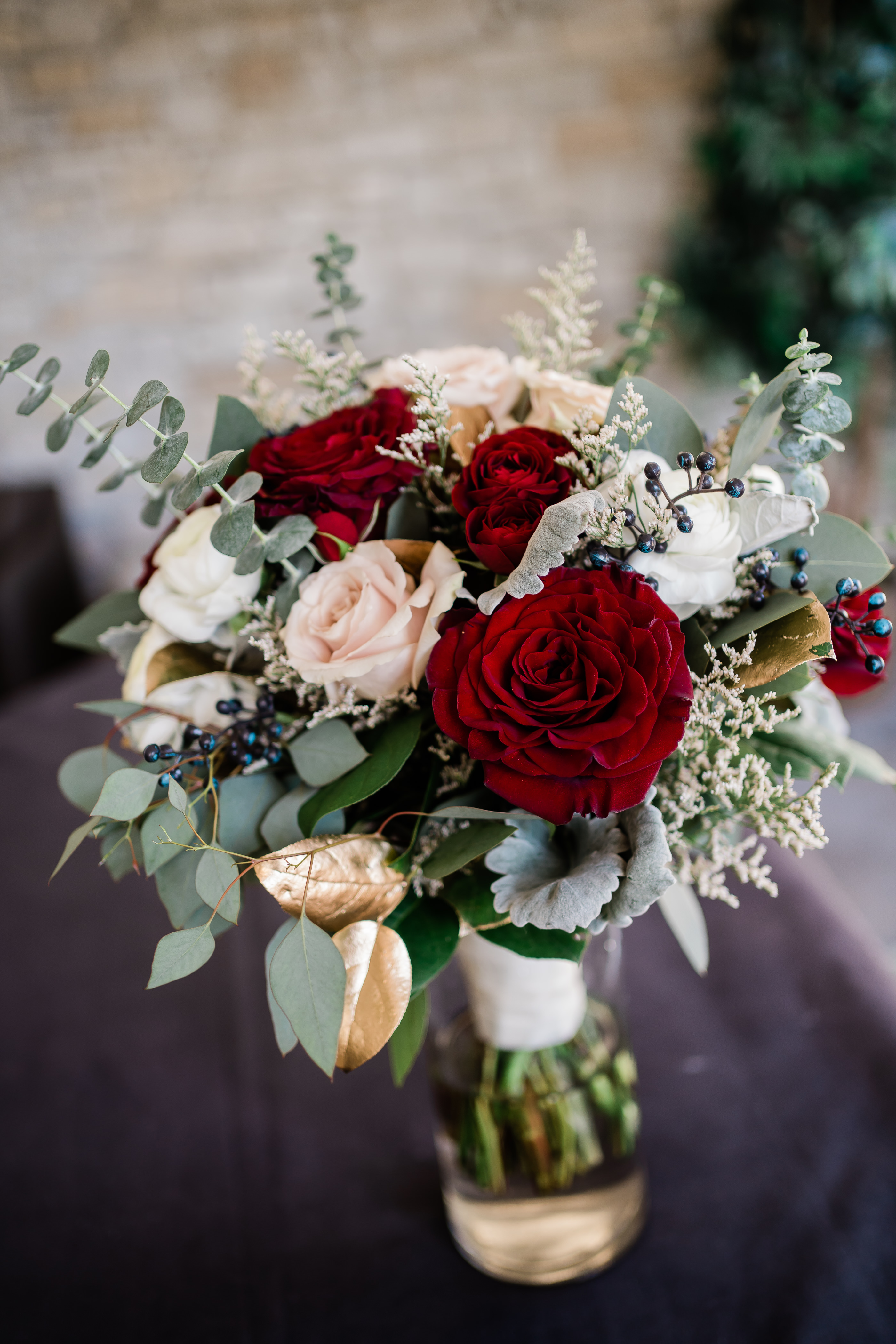 red rose bridal bouquet for a winter wedding in Indianapolis