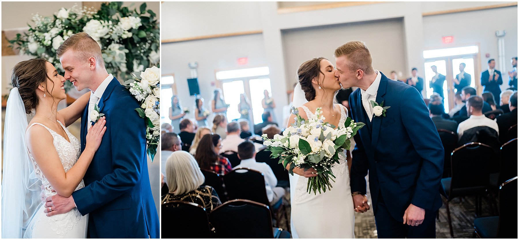 bridal couple kissing as husband and wife after wedding ceremony