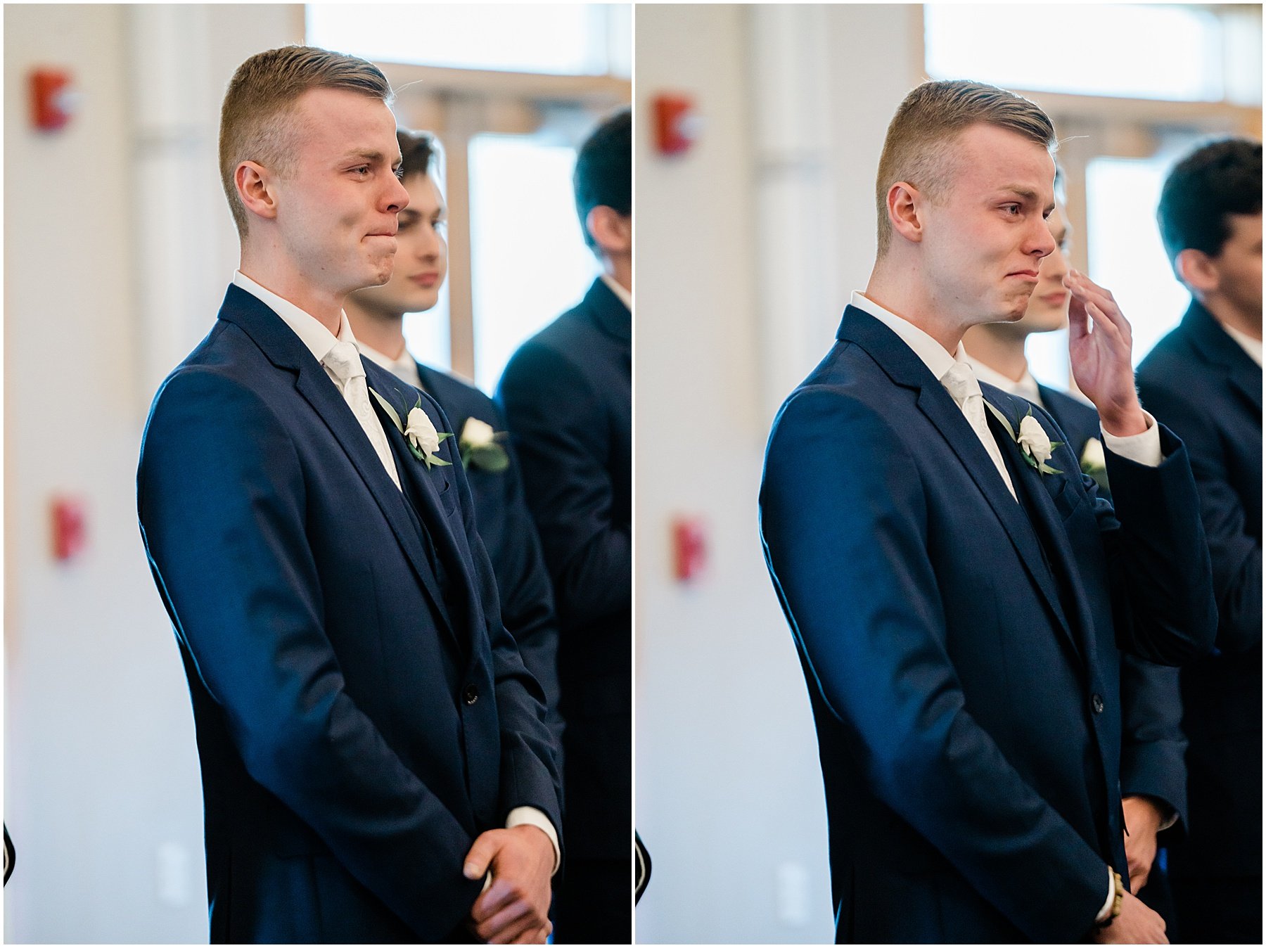 groom getting emotional seeing bride in wedding gown for first time