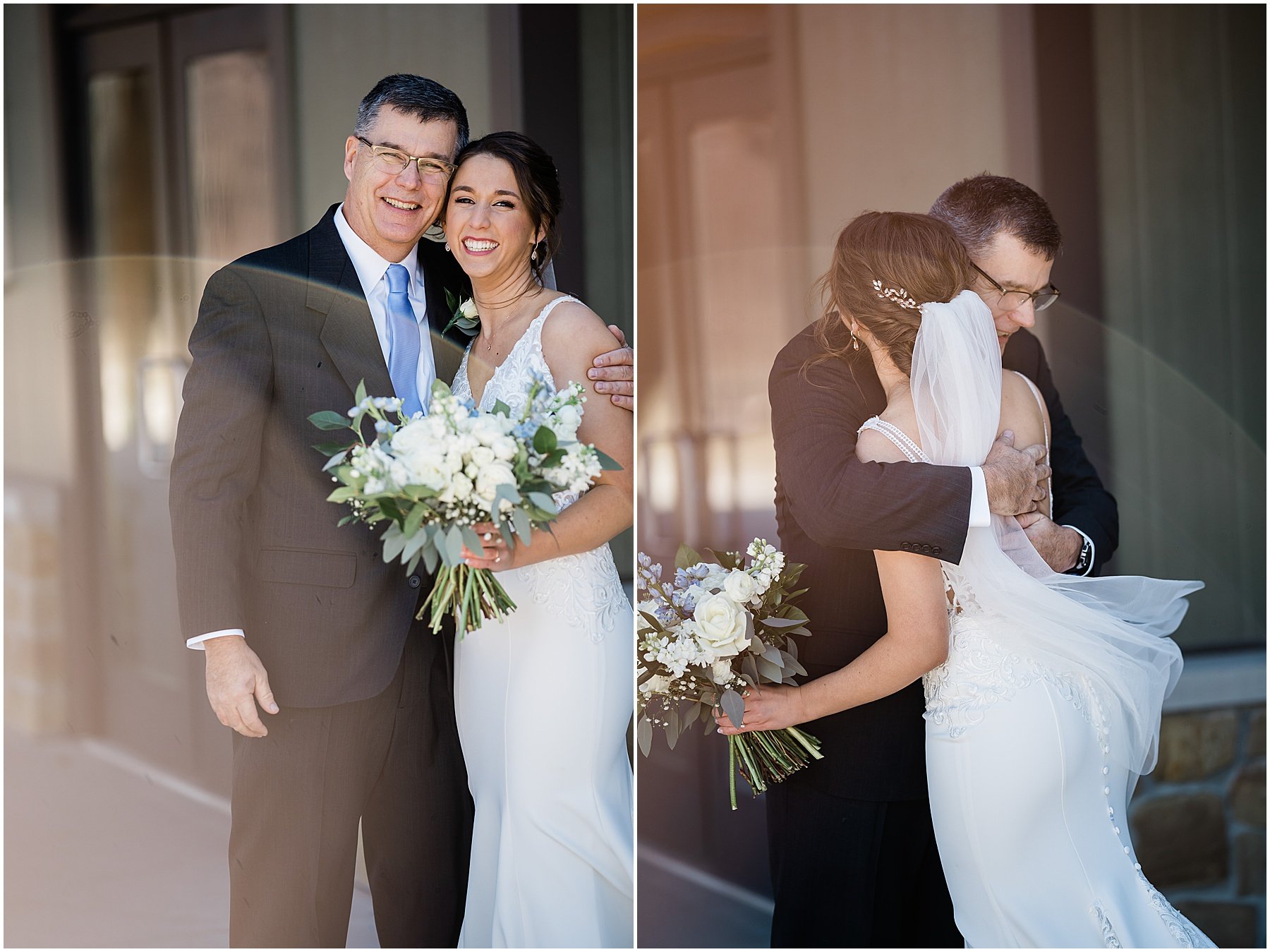 bride and father on wedding day after emotional first look
