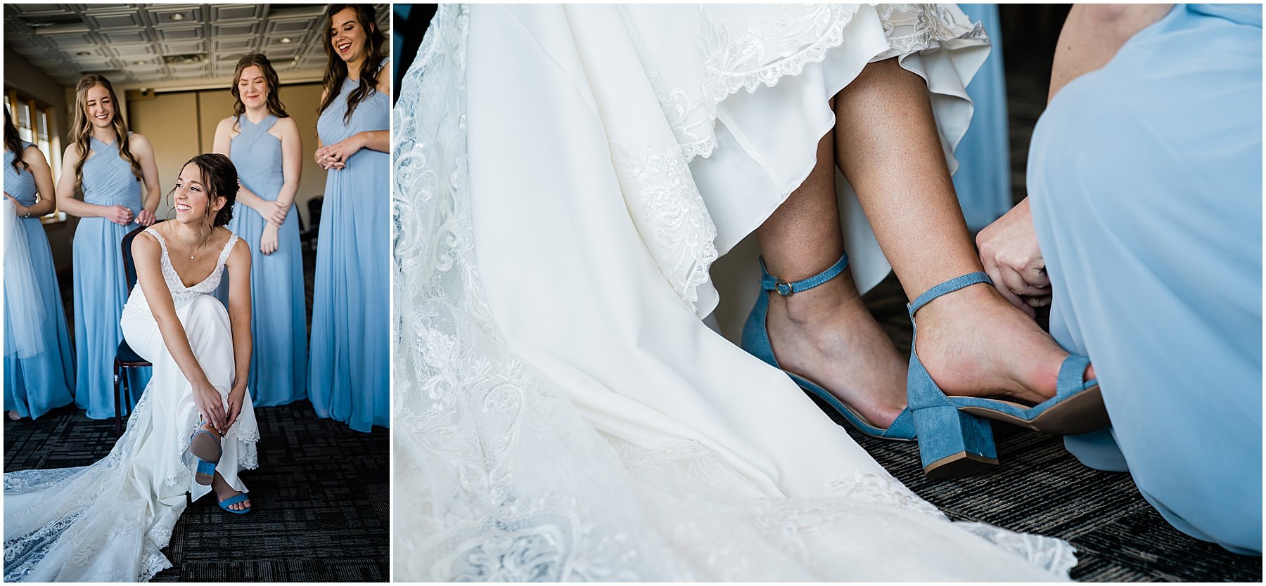 bride adjusting shoes on wedding day
