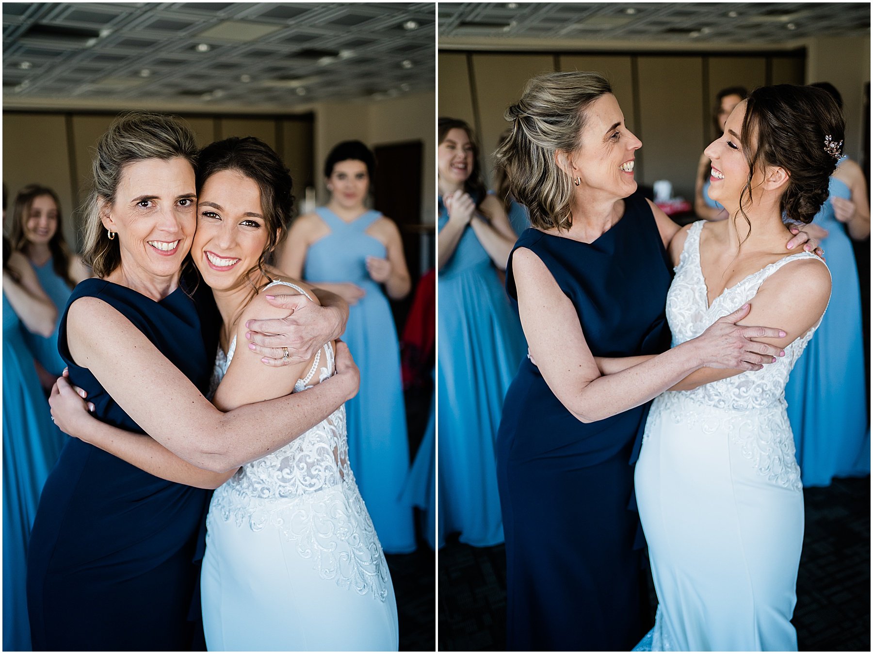 bride hugging mother on wedding day in Indiana
