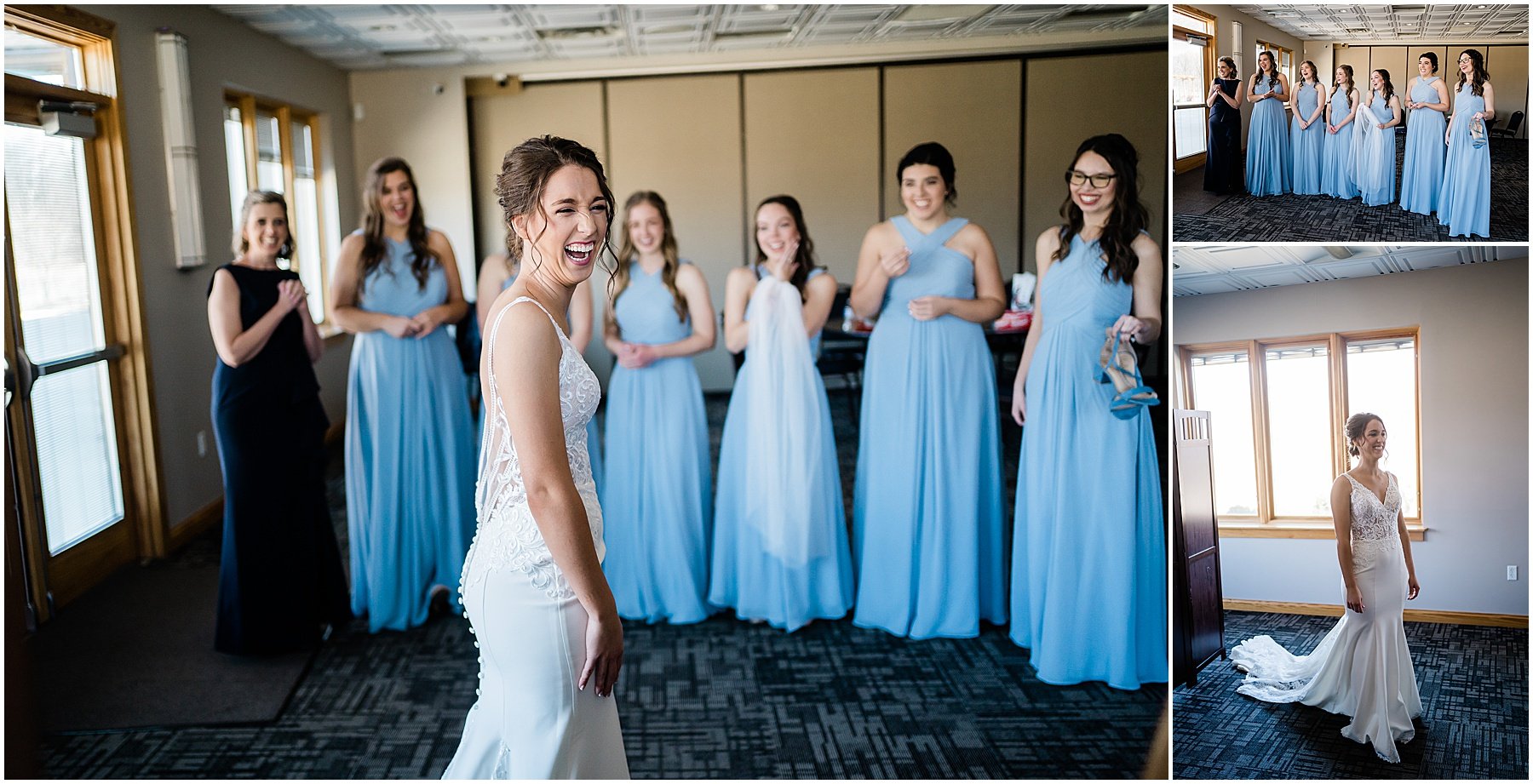 bride during first look with bridesmaids on wedding day