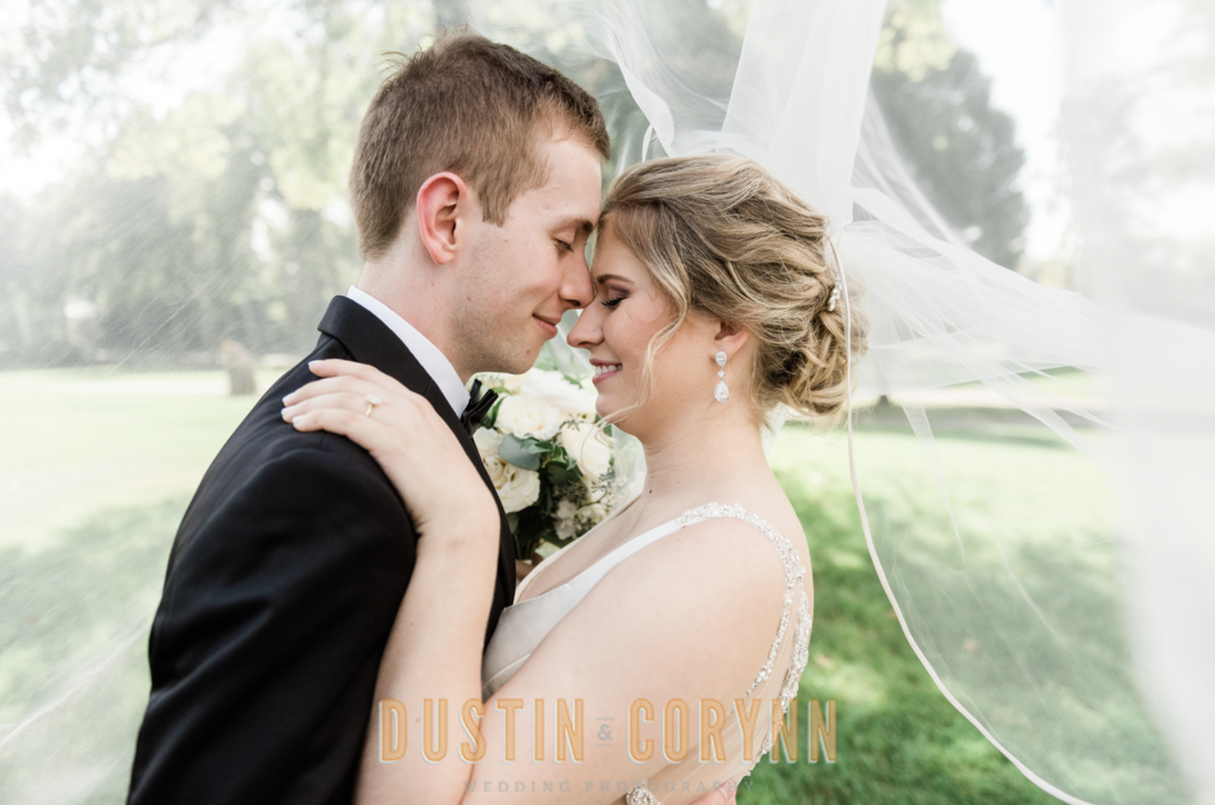 Indiana wedding photographer captures bride and groom nose to nose under bridal veil