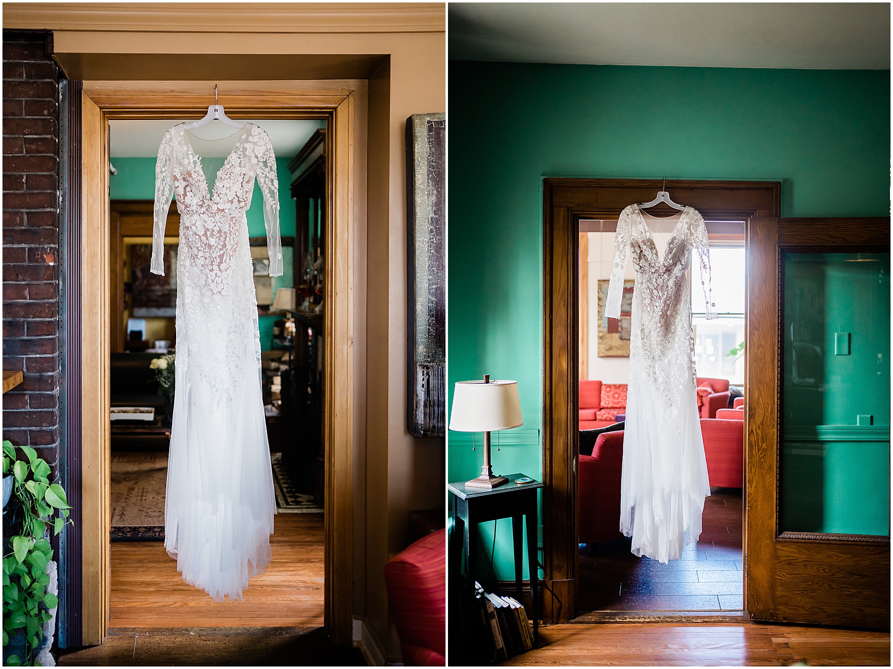 Fort Wayne wedding photographers capture bridal wedding dress hanging before ceremony