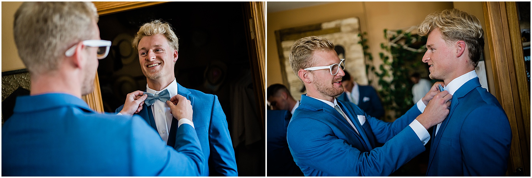 Fort Wayne wedding photographer captures groom getting ready in blue suit with groomsmen