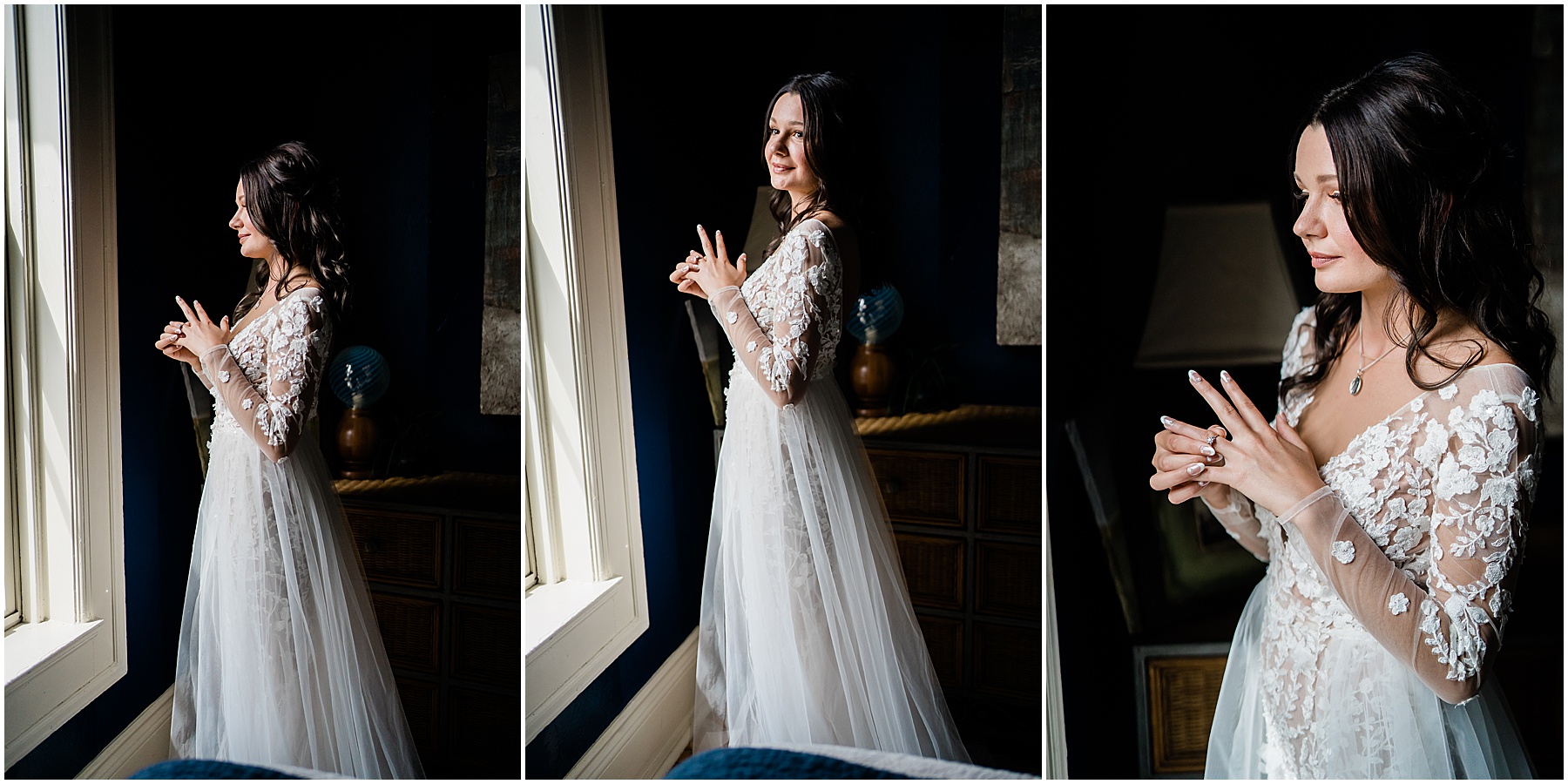 Fort Wayne wedding photographers capture bride playing with ring and looking outside window