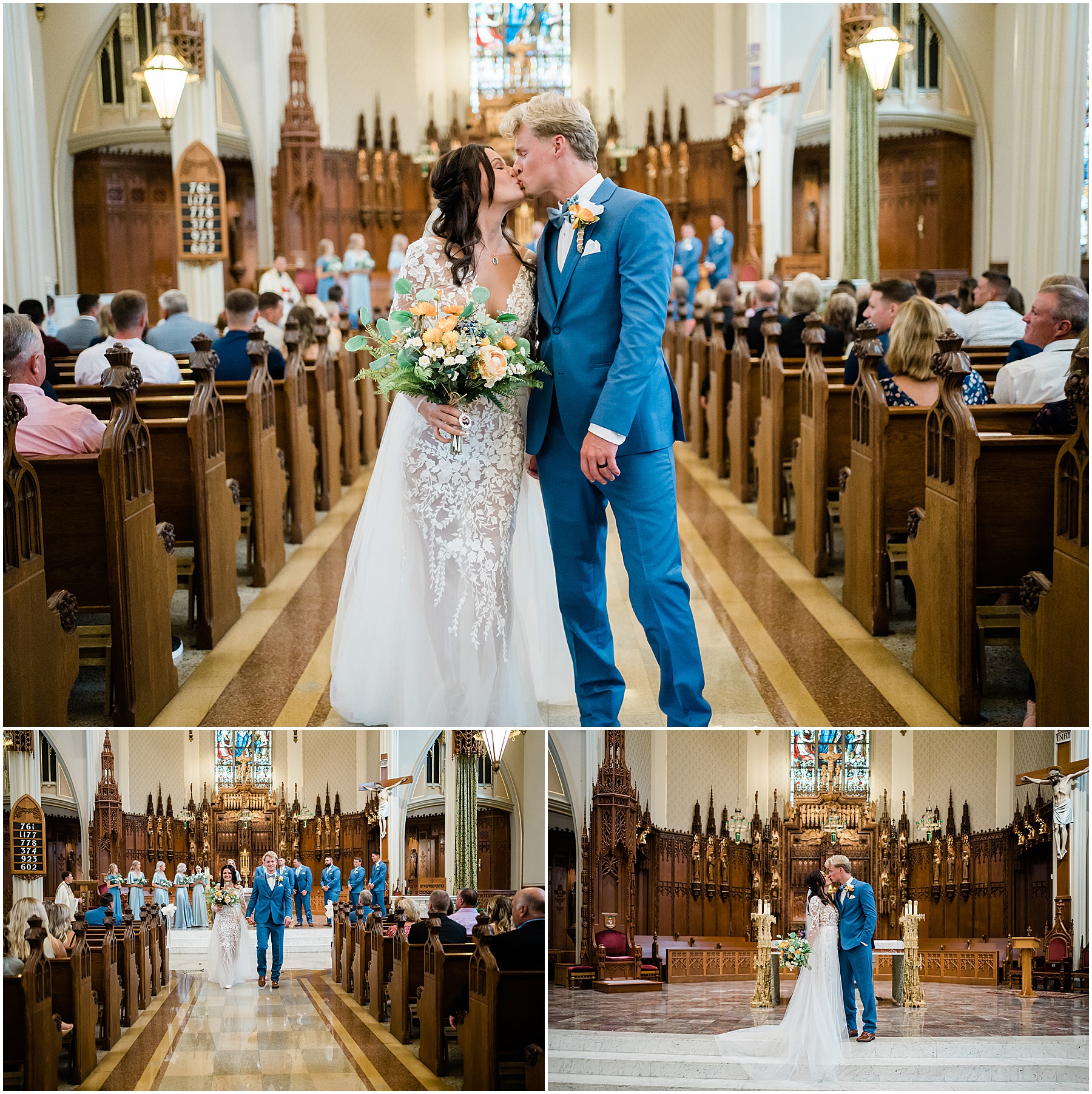Fort Wayne wedding photographer capture bride and groom kissing as they walk down the aisle
