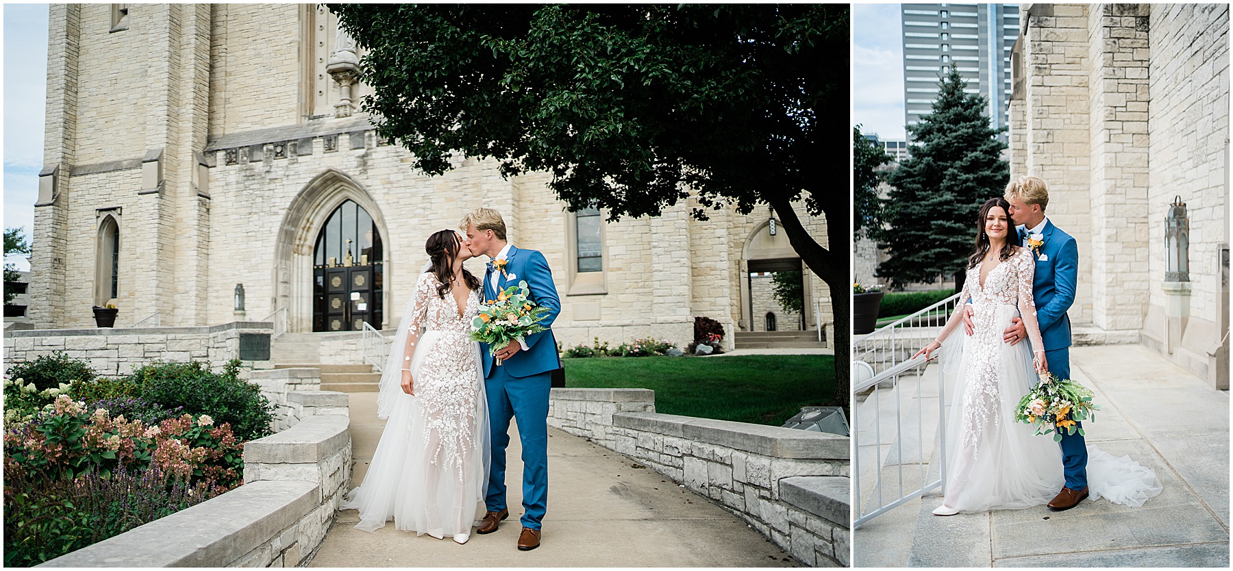 Fort Wayne wedding photographers capture wedding couple walking around venue recently married