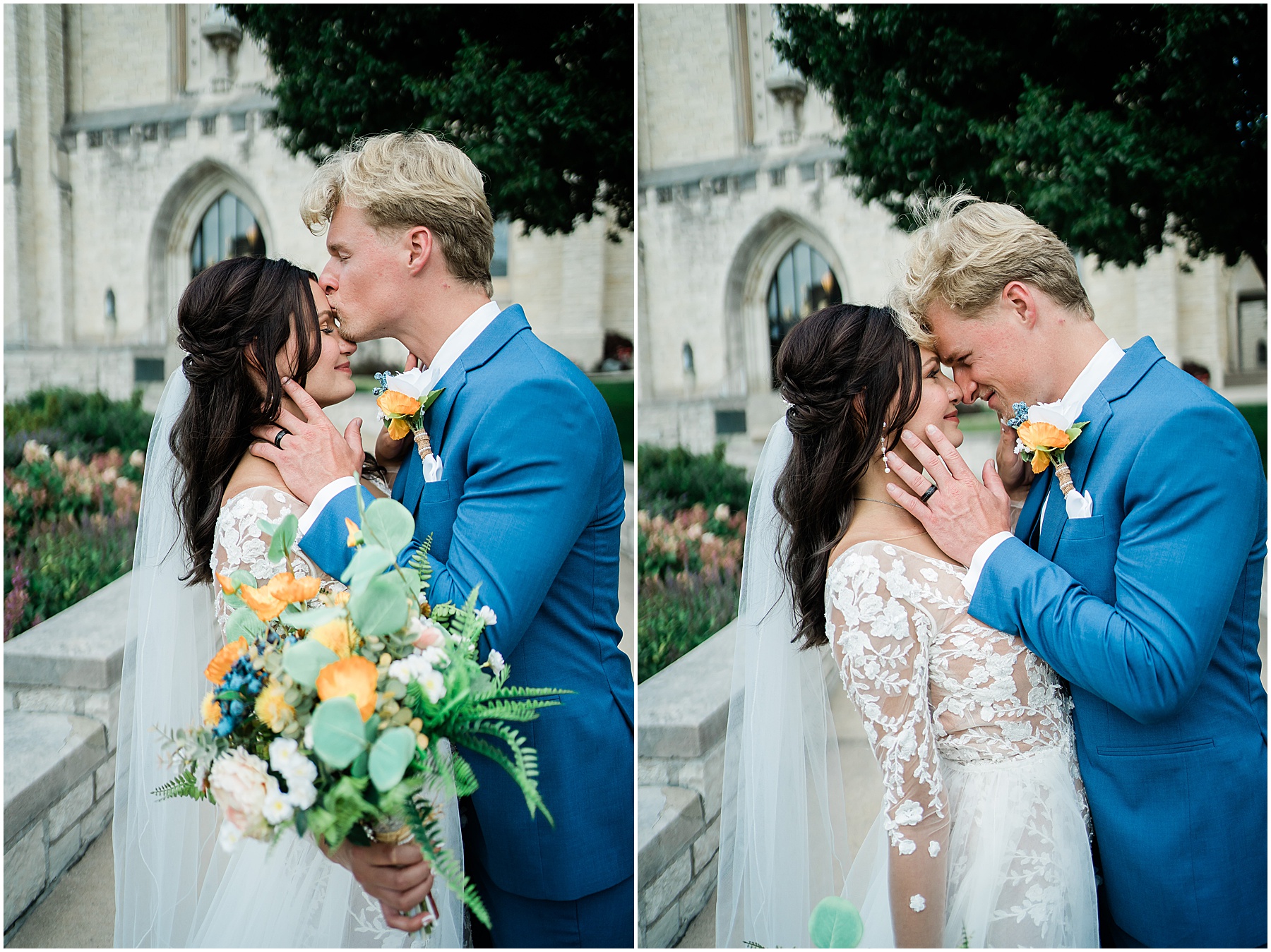 Fort Wayne wedding photographers capture groom kissing bride's forehead during bridal portraits
