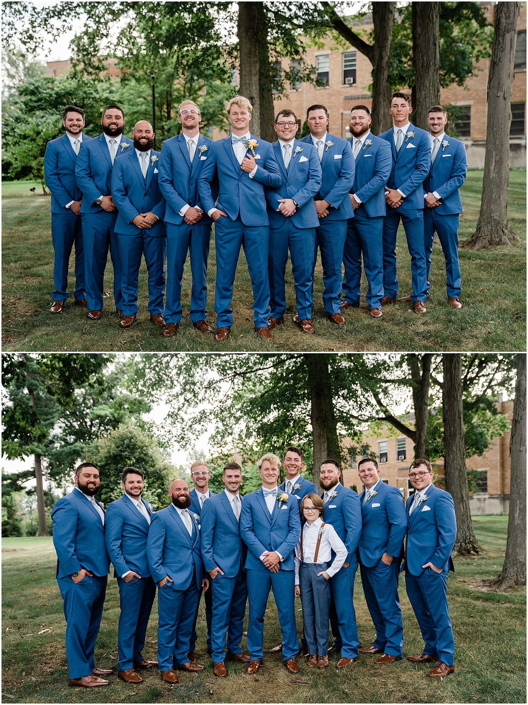 Fort Wayne wedding photographers capture groom standing with groomsmen wearing blue suits