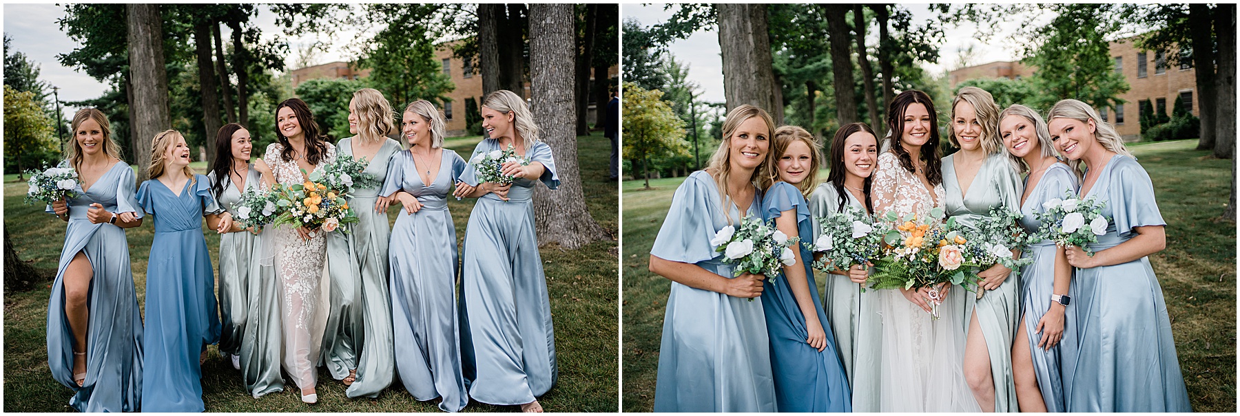 Fort Wayne wedding photographers capture bride walking with bridesmaids through field