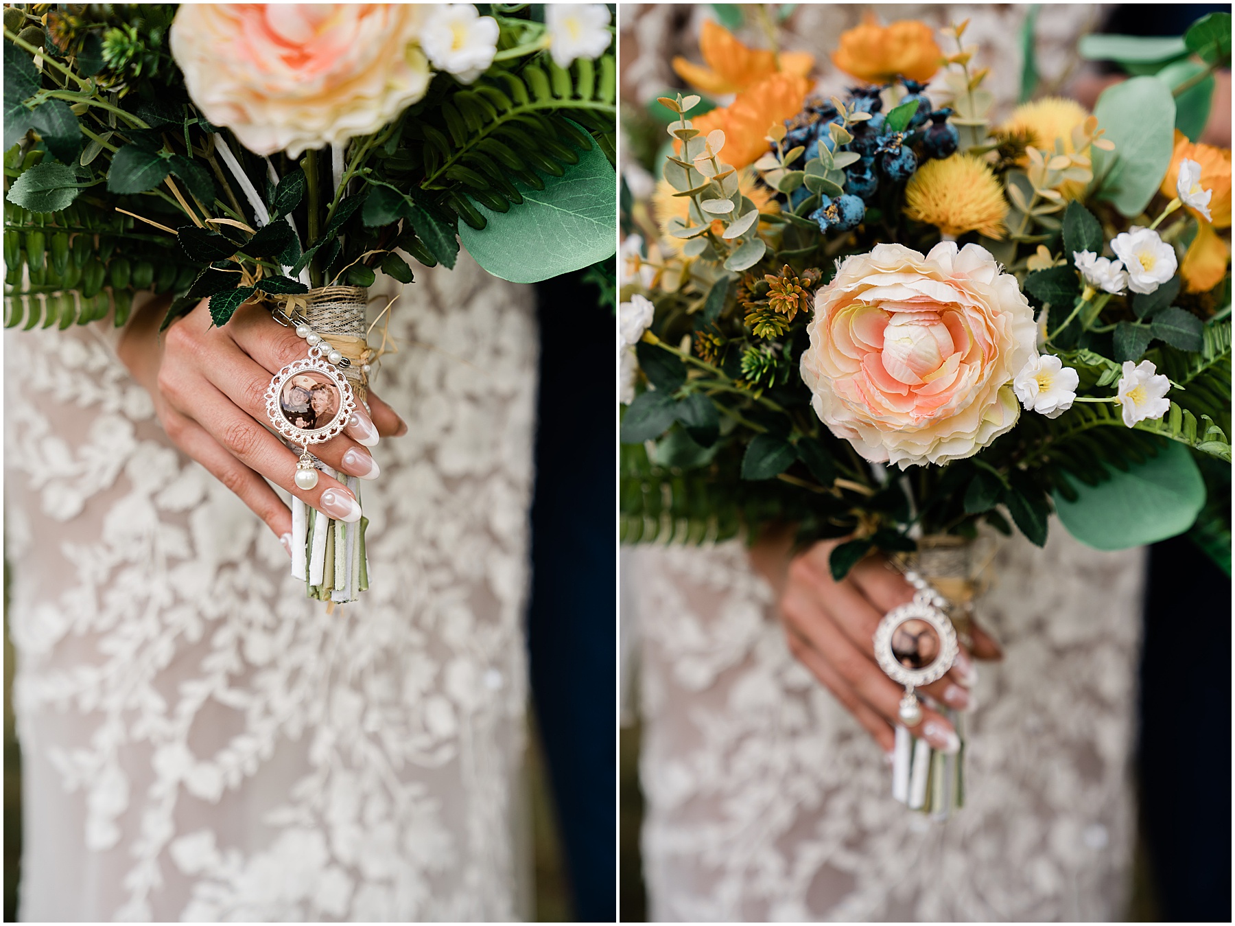 Fort Wayne wedding photographers capture bridal details on bouquet