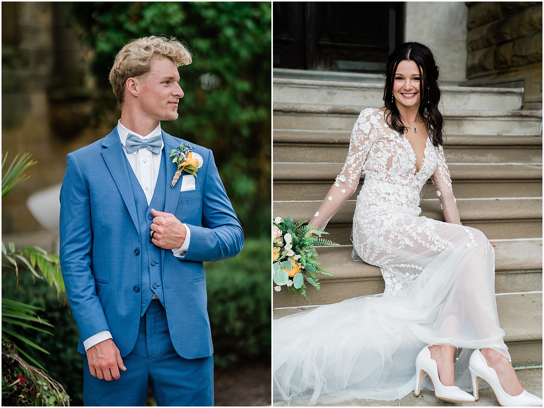 Fort Wayne wedding photographers capture bride and groom portraits after baker train station wedding