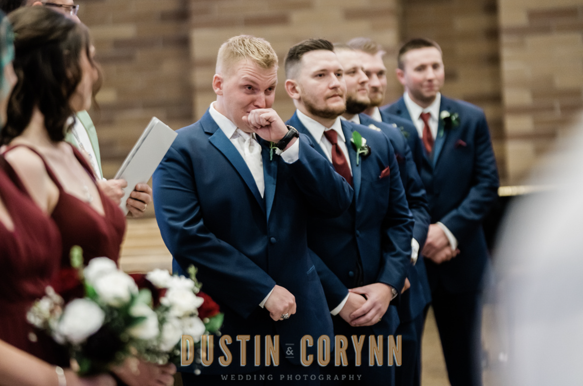 Fort Wayne wedding photographer captures groom crying seeing his bride walk down aisle